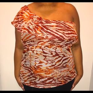 One Shoulder Animal Print Ruffle Blouse